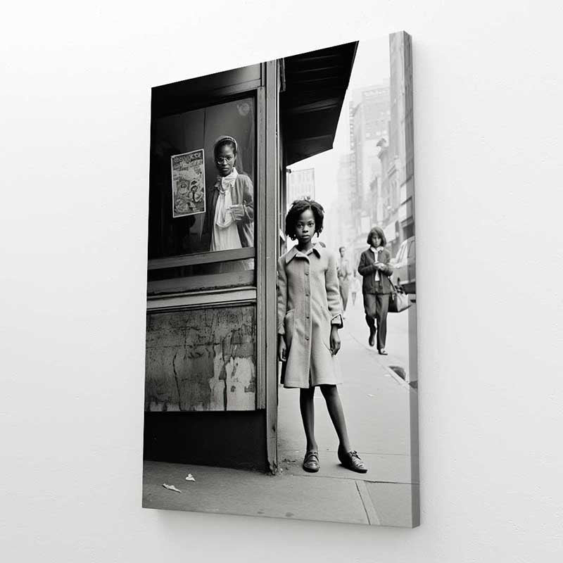 Bus Stop Black and White Photography – angled canvas view on white background