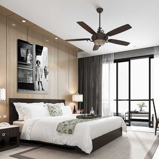 Bus Stop Black and White Photography – in a bedroom with a ceiling fan and white bed