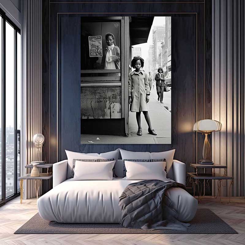 Bus Stop Black and White Photography – above a dark grey bed in a moody bedroom