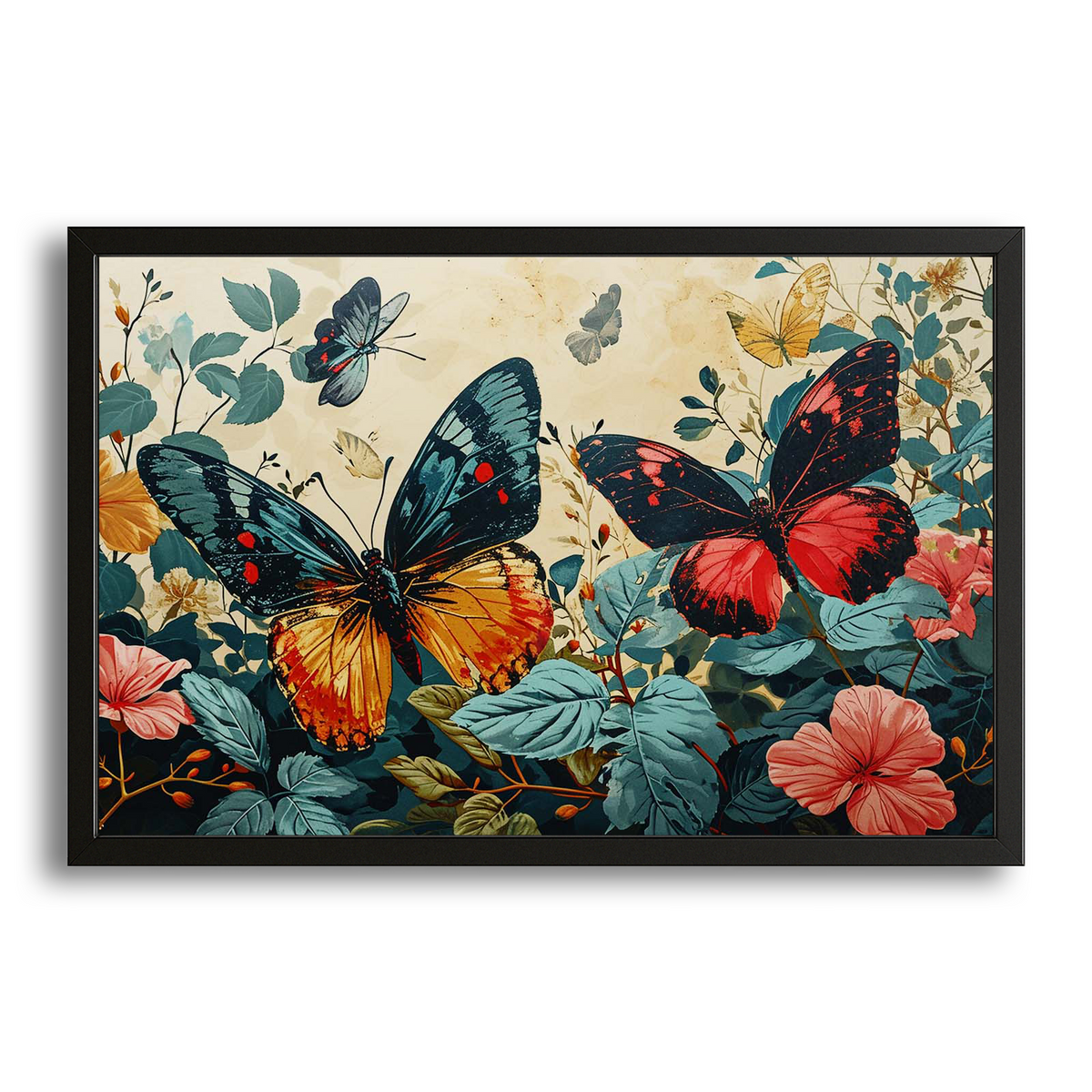 Butterflies Canvas Wall Art — botanical canvas print in blue tones, with Premium Black frame on white background