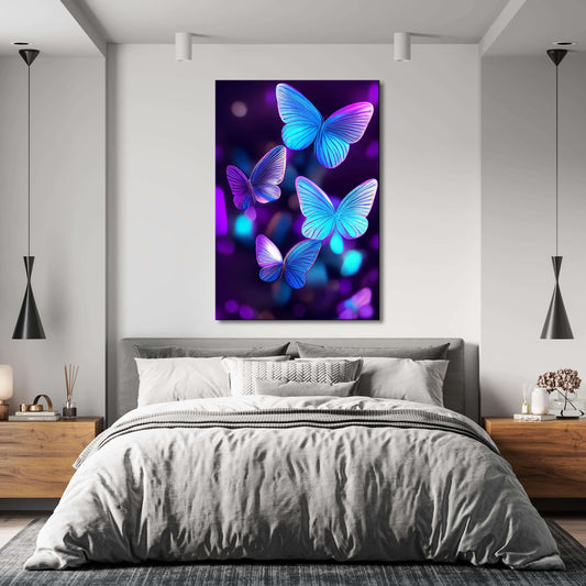 Butterflies In Flight Wall Art — 3d canvas print in purple tones, view 3