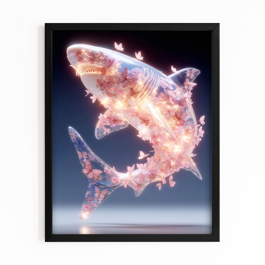 Butterfly Blossom Spirit Shark Canvas Art – with Premium Black frame on white background