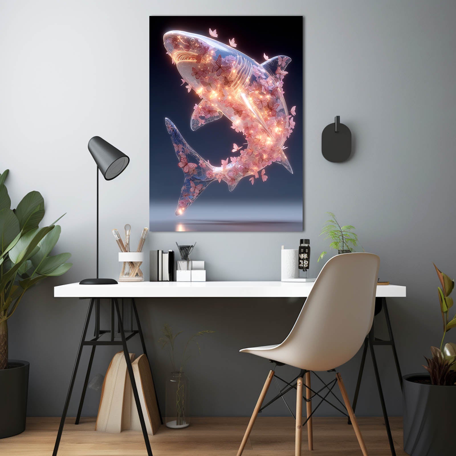 Butterfly Blossom Spirit Shark Canvas Art – styled in a furnished interior