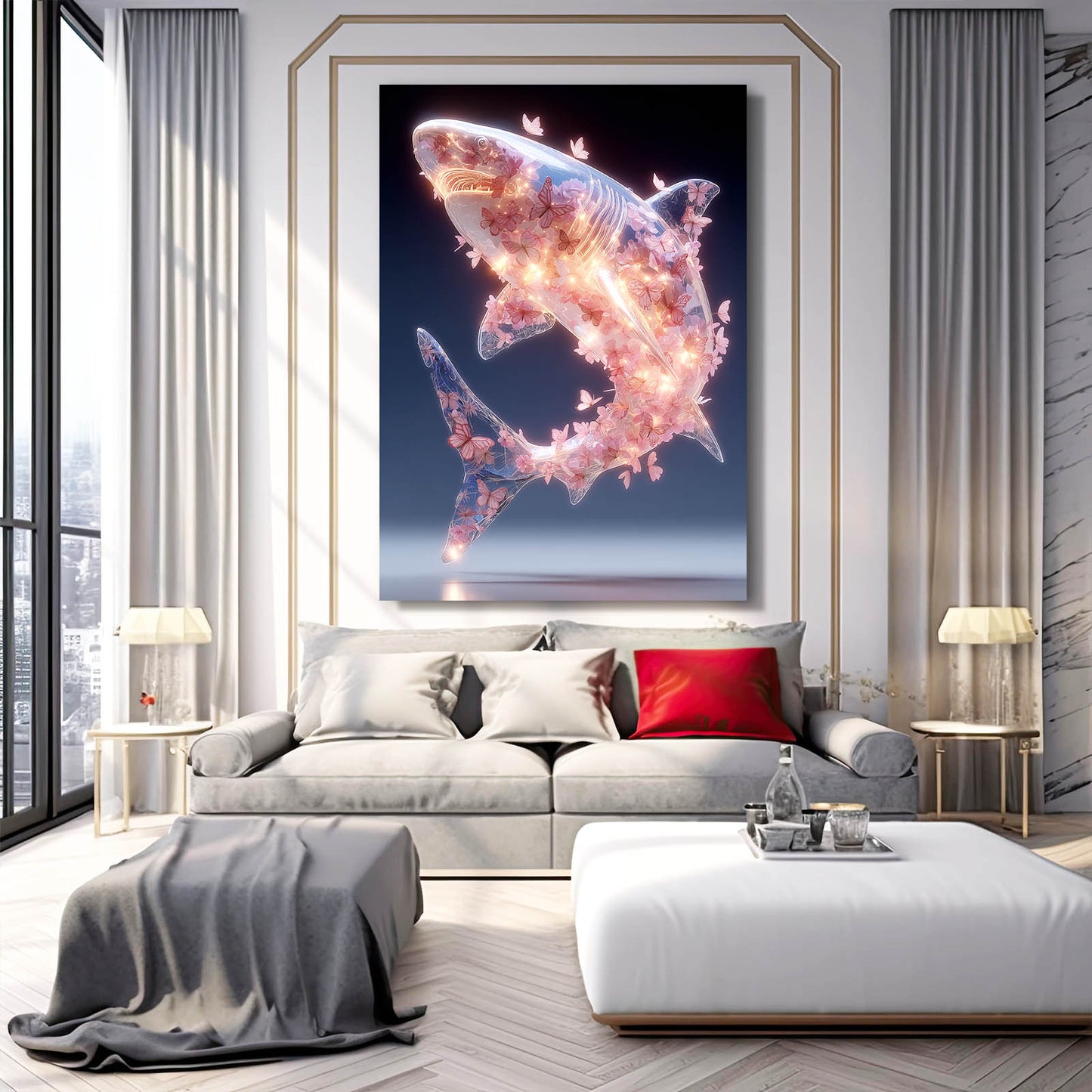 Butterfly Blossom Spirit Shark Canvas Art – styled in a furnished interior
