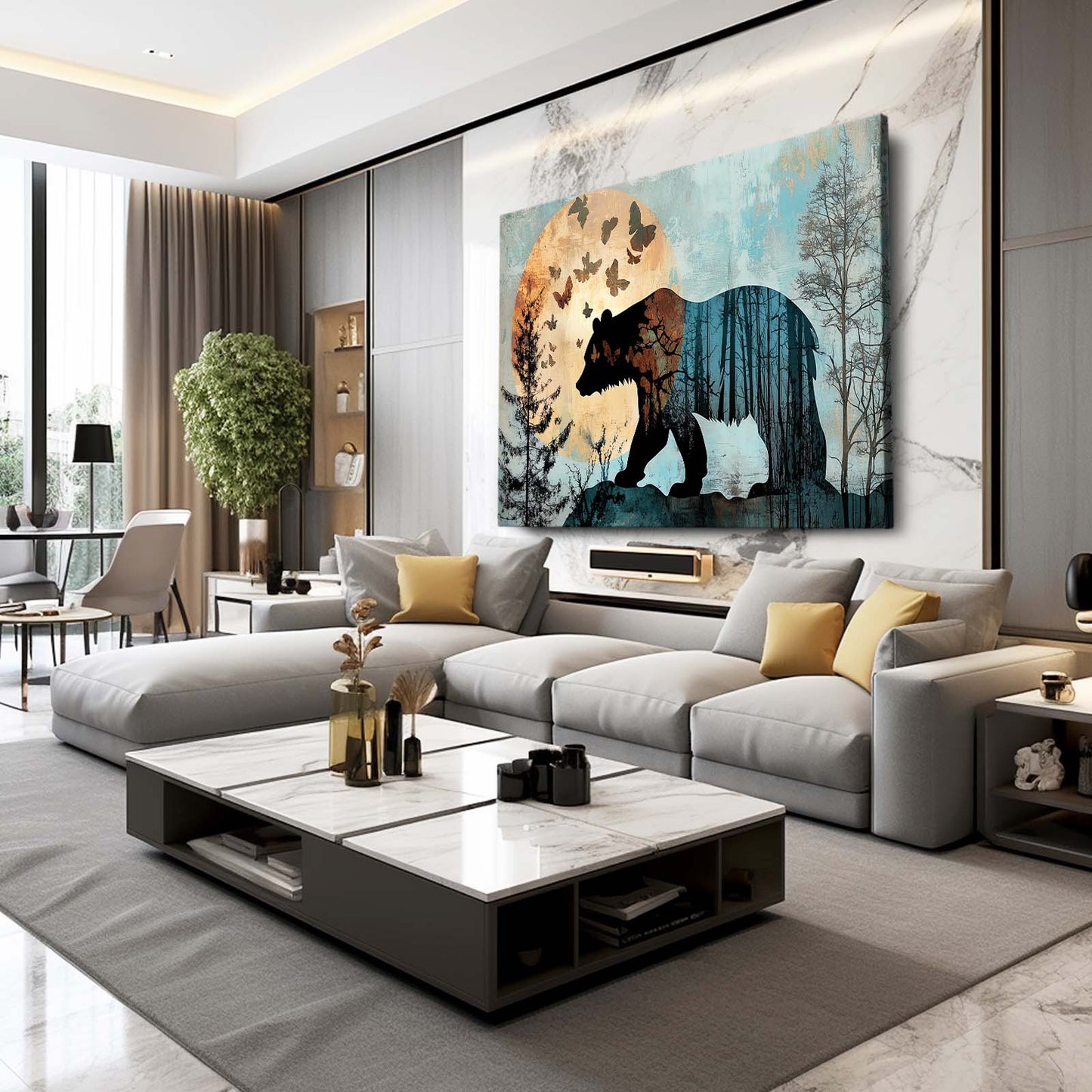 Butterfly Forest Double Bear Wall Decor — contemporary canvas print, styled in a furnished interior