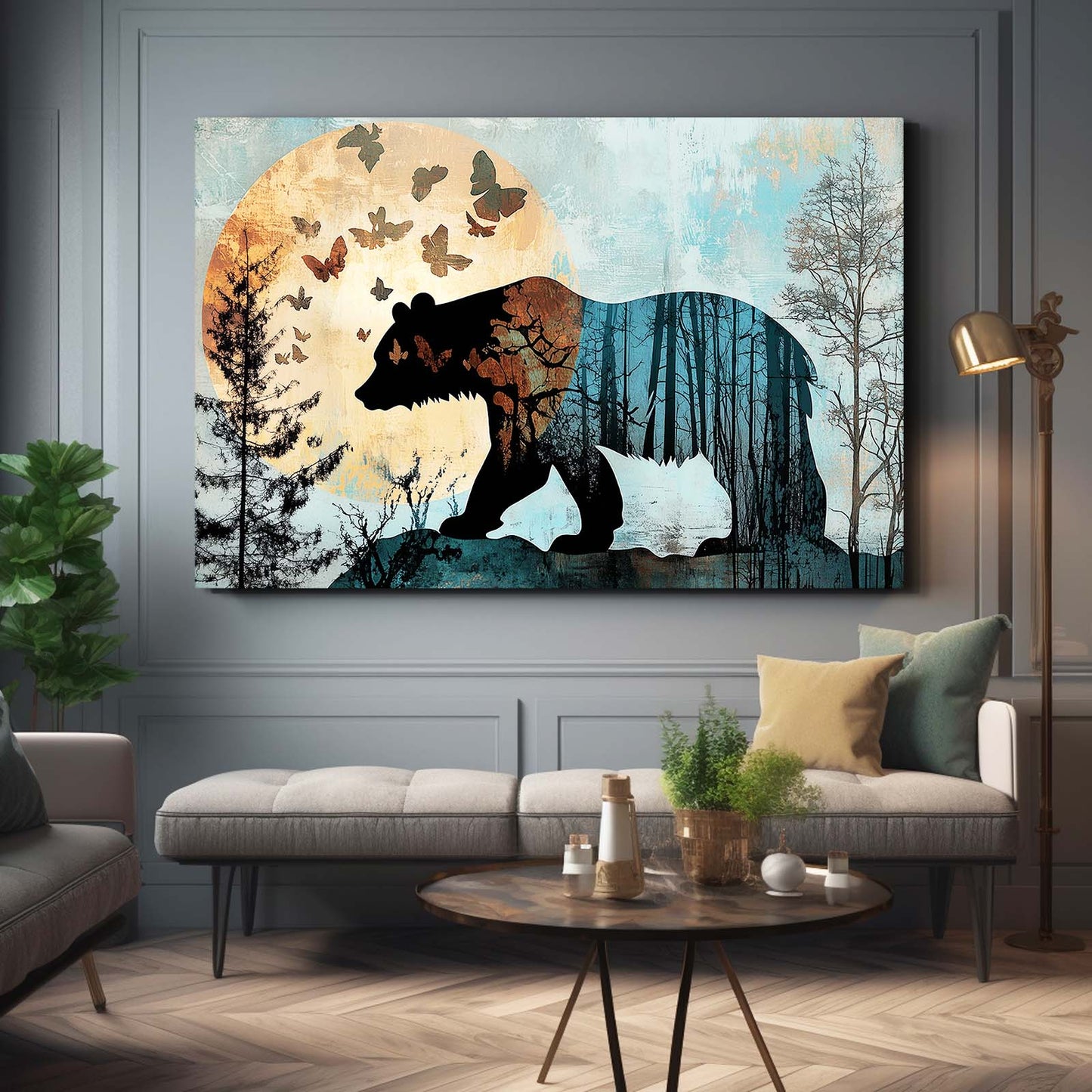 Butterfly Forest Double Bear Wall Decor — contemporary canvas print, styled in a furnished interior