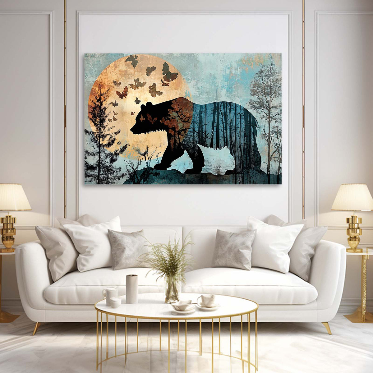 Butterfly Forest Double Bear Wall Decor — contemporary canvas print, styled in a furnished interior