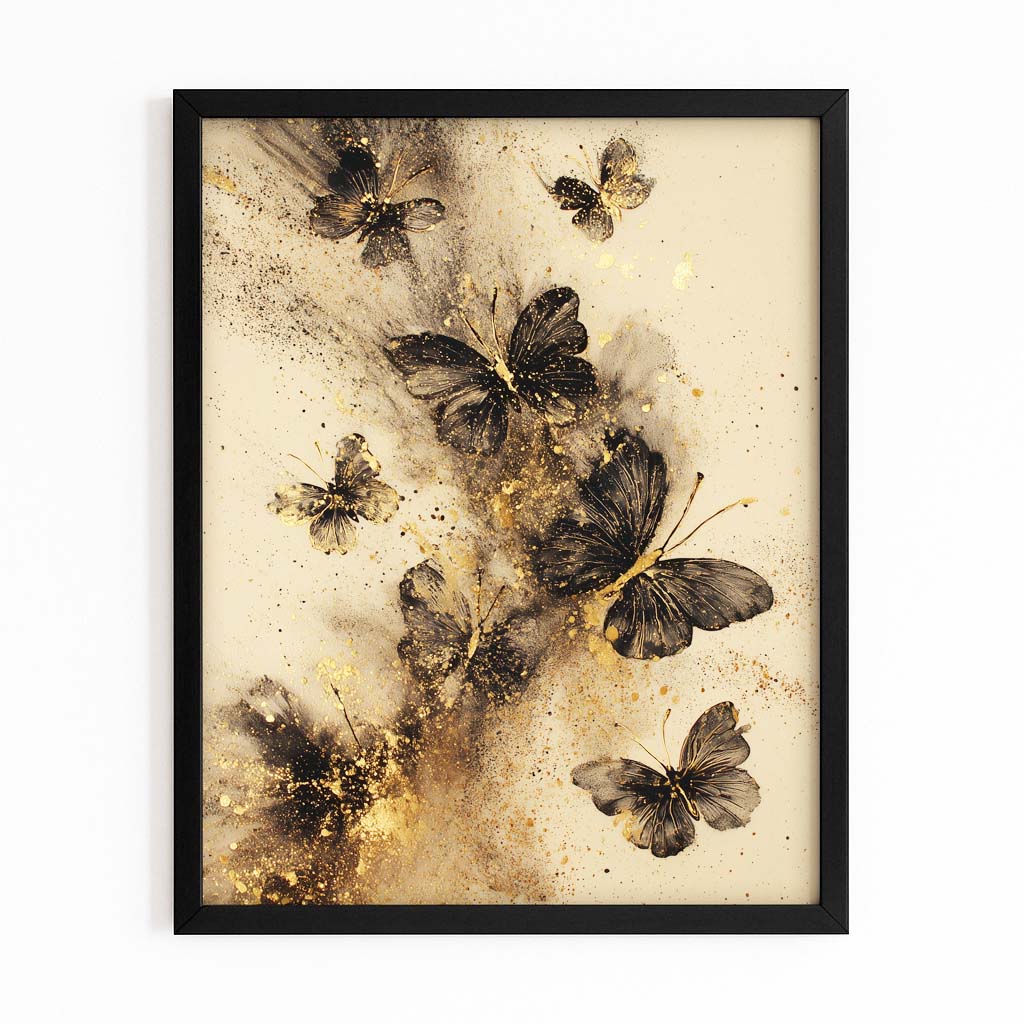 Butterfly Gold Dust Wall Art – with Premium Black frame on white background