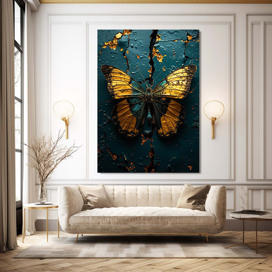 Butterfly Kintsugi Wall Art — 3d canvas print in blue tones, view 3