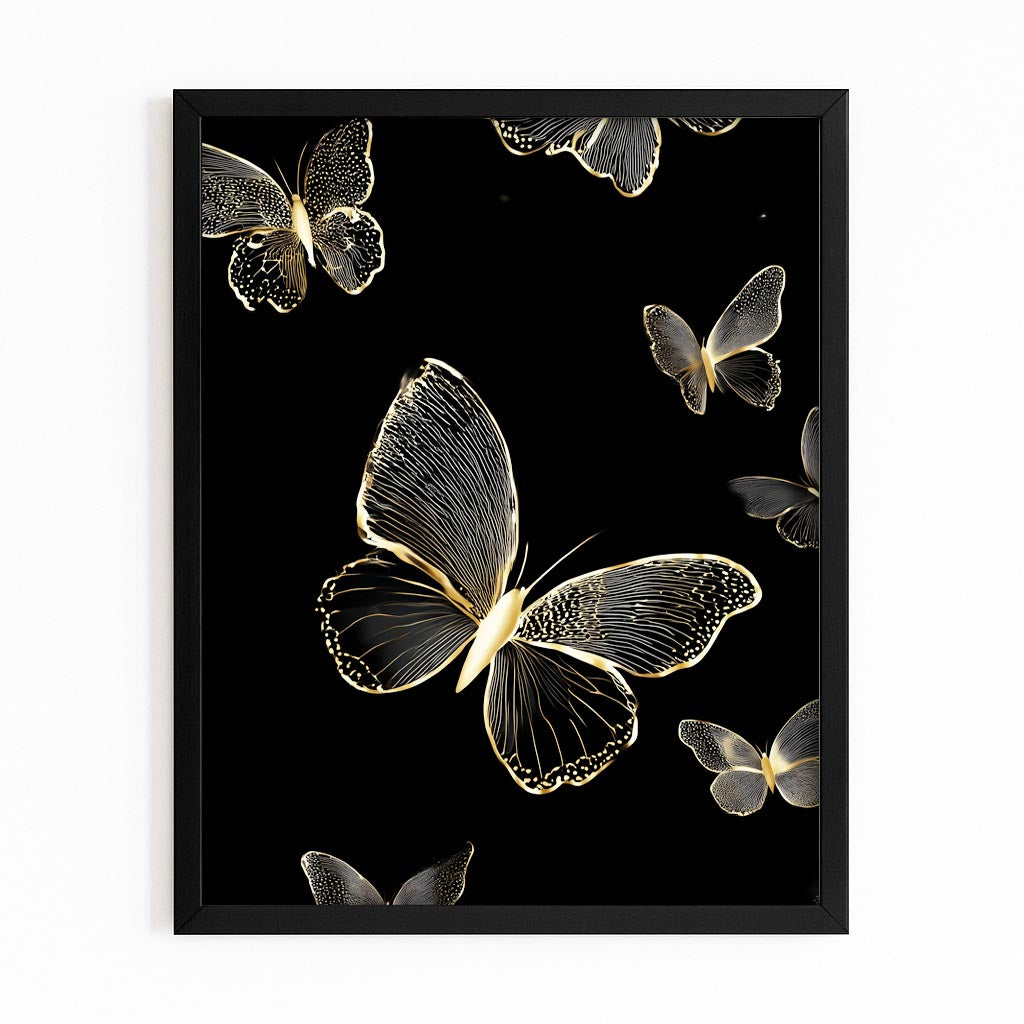 Butterfly Night Flight Gold Wall Art – with Premium Black frame on white background