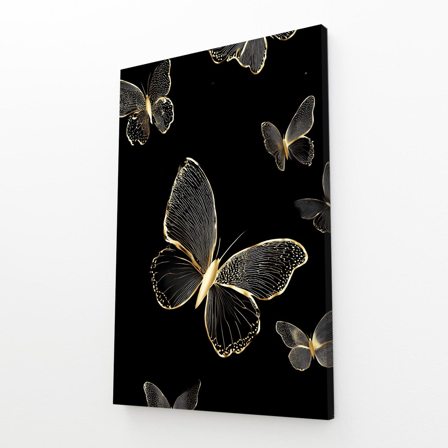 Butterfly Night Flight Gold Wall Art – angled canvas view on white background