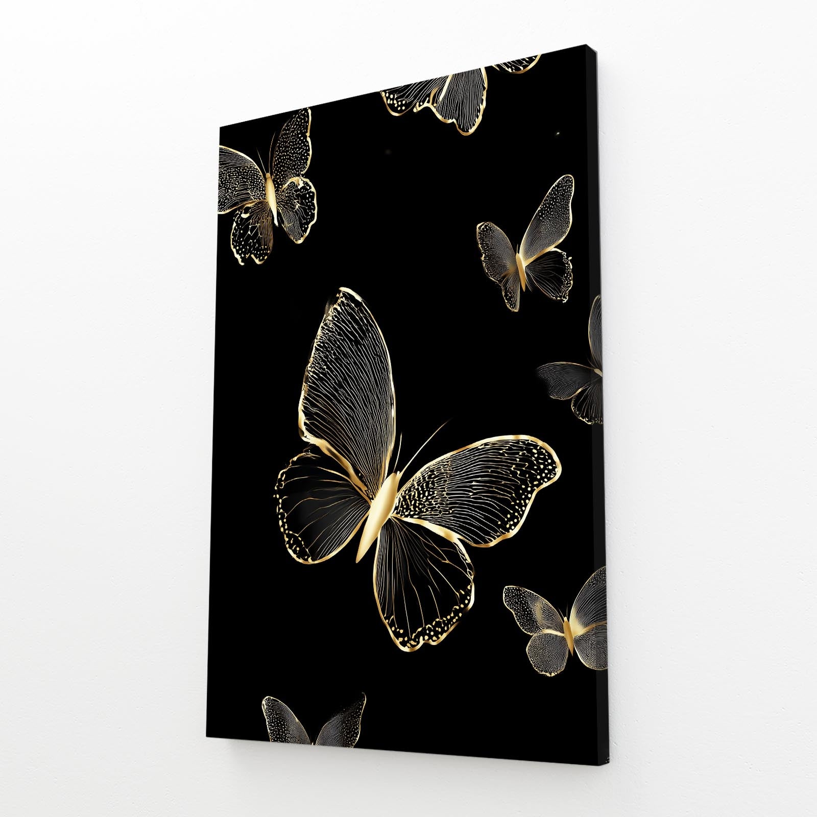 Butterfly Night Flight Gold Wall Art – angled canvas view on white background