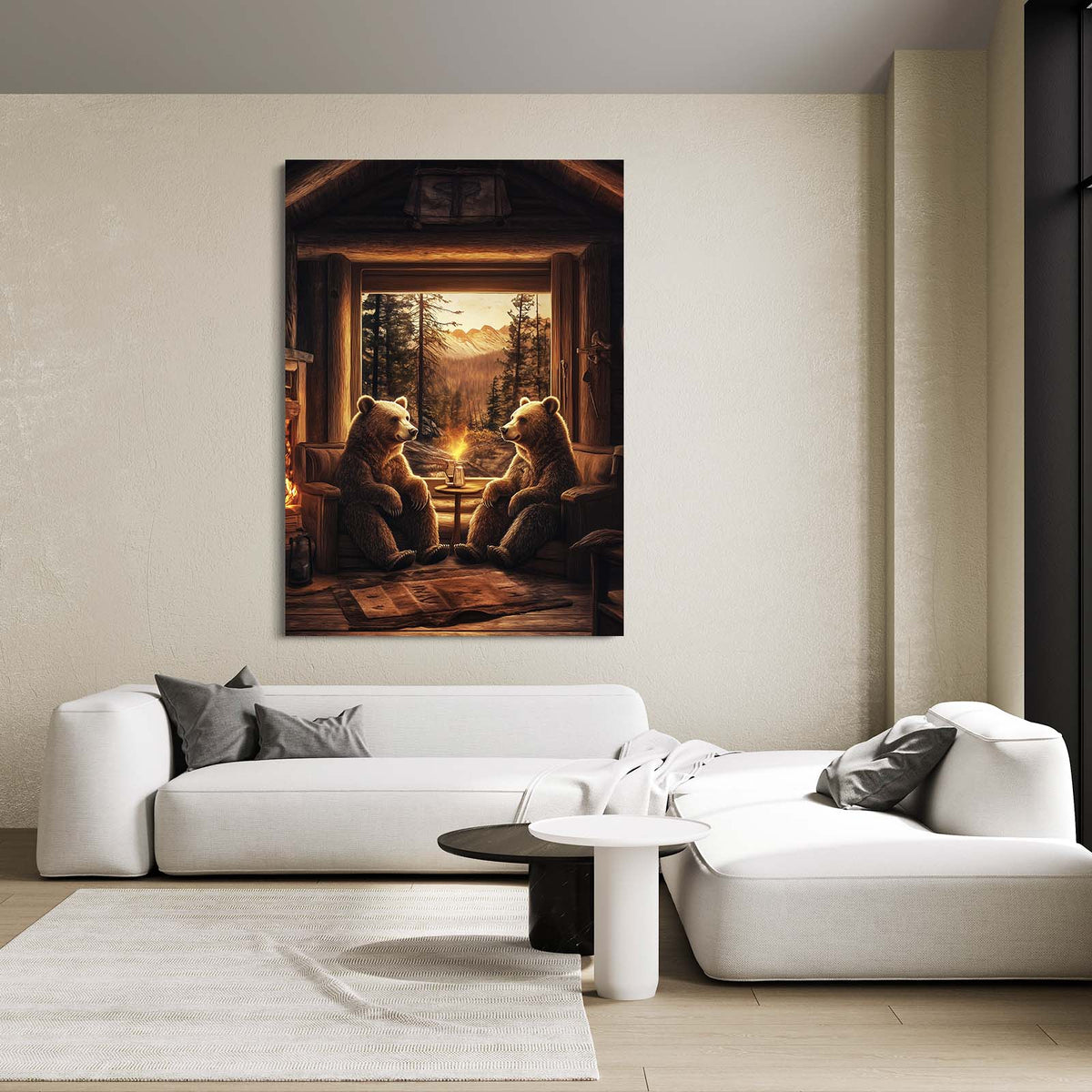 Cabin Fireside Cubs Bear Canvas — surrealism canvas print, styled in a furnished interior