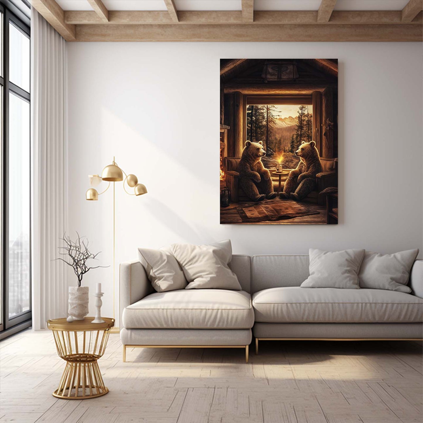 Cabin Fireside Cubs Bear Canvas — surrealism canvas print, styled in a furnished interior