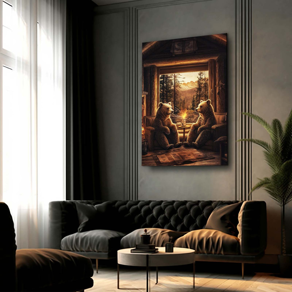 Cabin Fireside Cubs Bear Canvas — surrealism canvas print, styled in a furnished interior