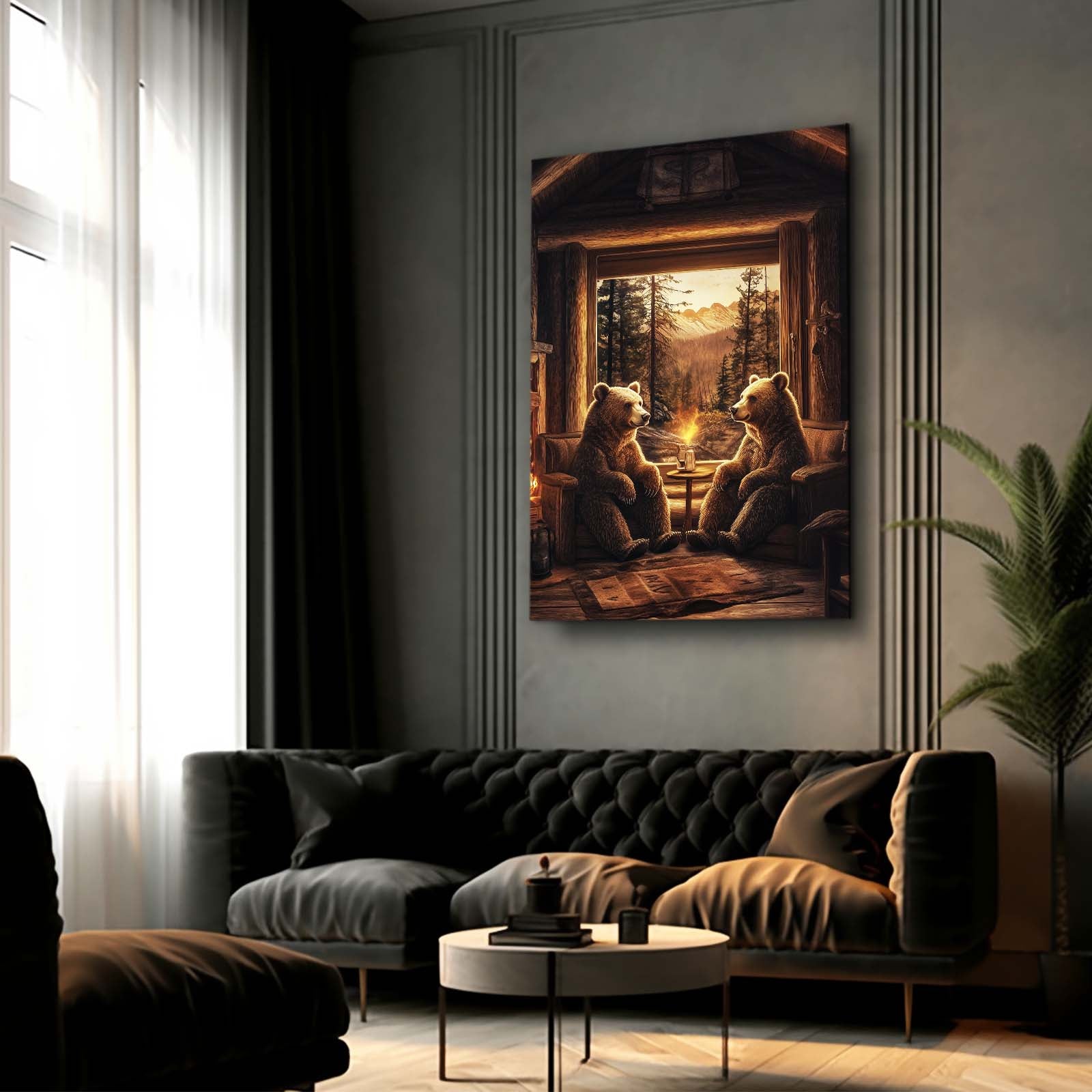 Cabin Fireside Cubs Bear Canvas — surrealism canvas print, styled in a furnished interior