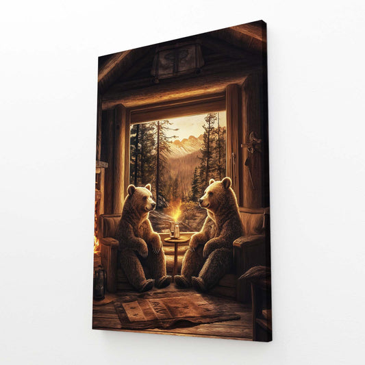 Cabin Fireside Cubs Bear Canvas — surrealism canvas print, angled canvas view on white background