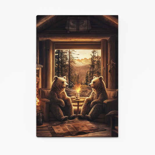 Cabin Fireside Cubs Bear Canvas — surrealism canvas print, canvas print on white background