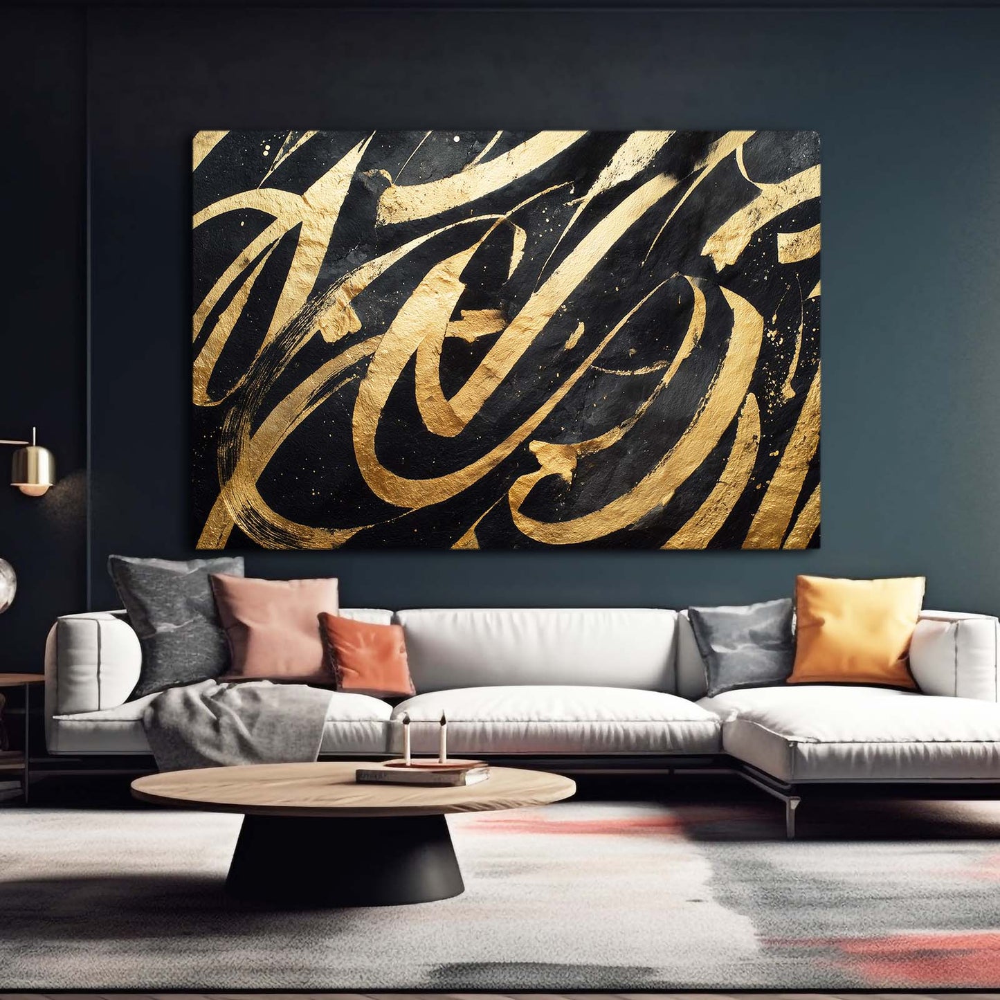 Calligraphic Gold Flow Art – styled in a furnished interior