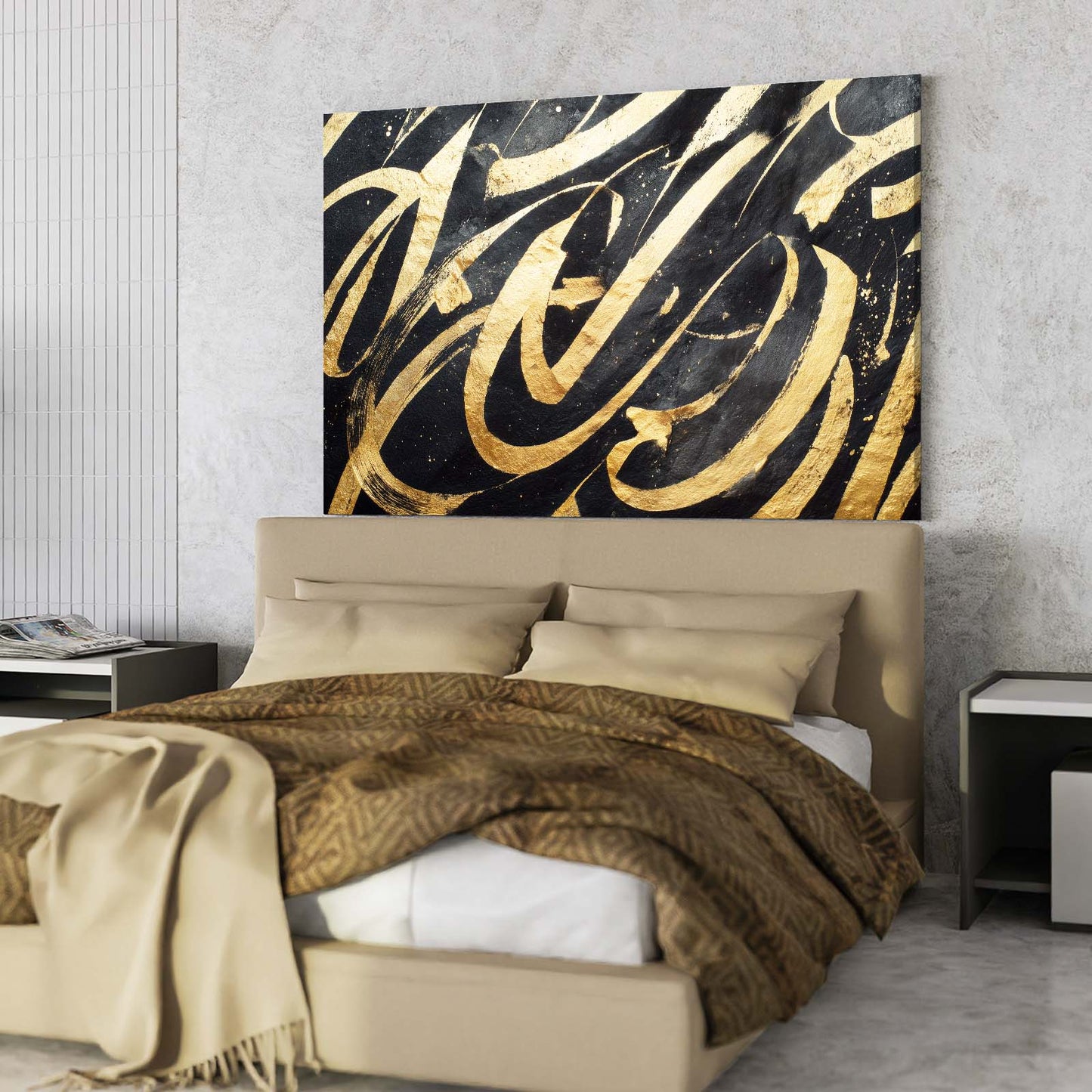 Calligraphic Gold Flow Art – styled in a furnished interior