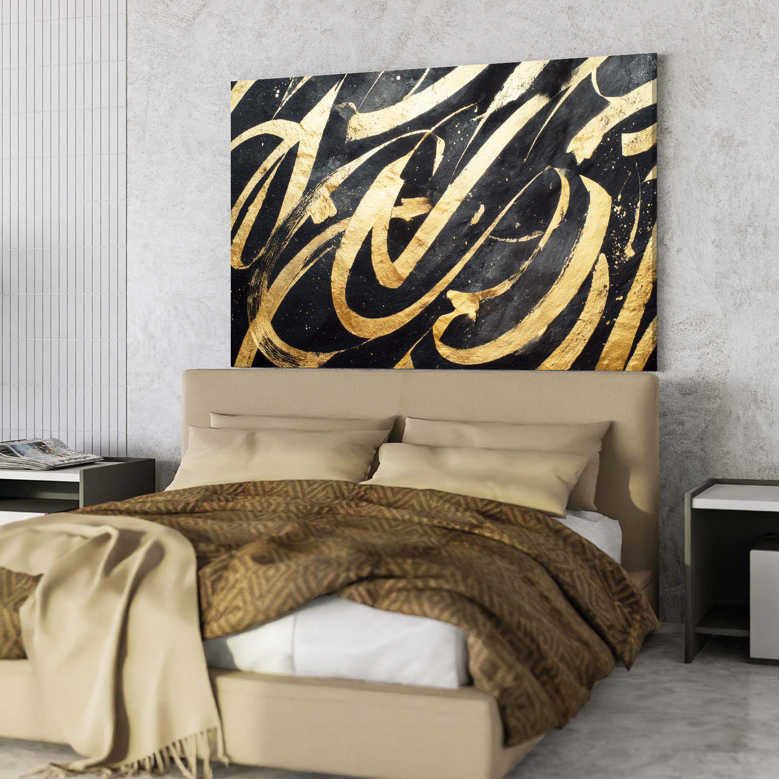 Calligraphic Gold Flow Art – styled in a furnished interior