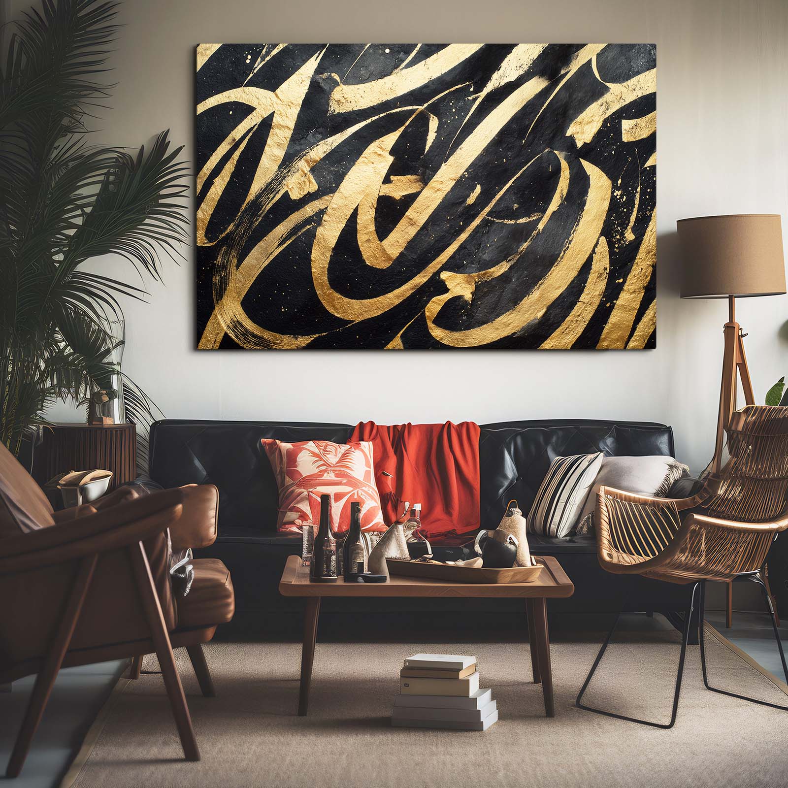Calligraphic Gold Flow Art – styled in a furnished interior