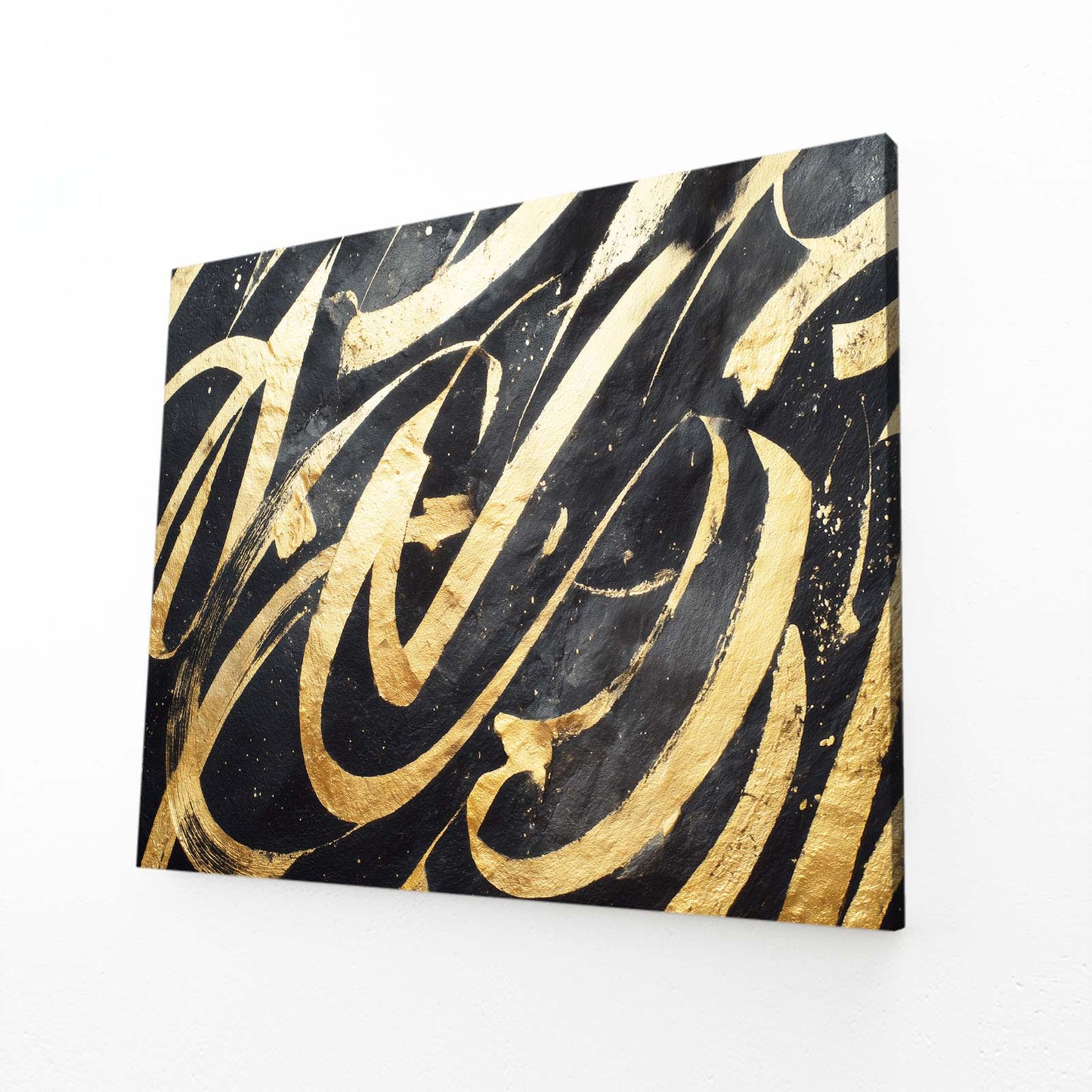 Calligraphic Gold Flow Art – angled canvas view on white background