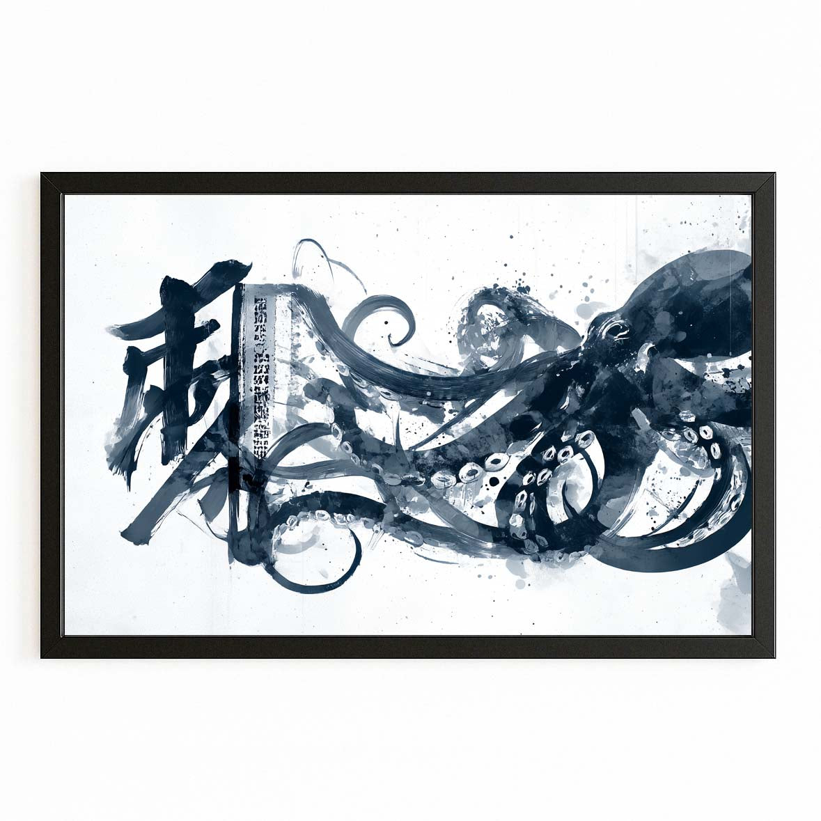 Calligraphy Ink Sweep Octopus Art – with Premium Black frame on white background