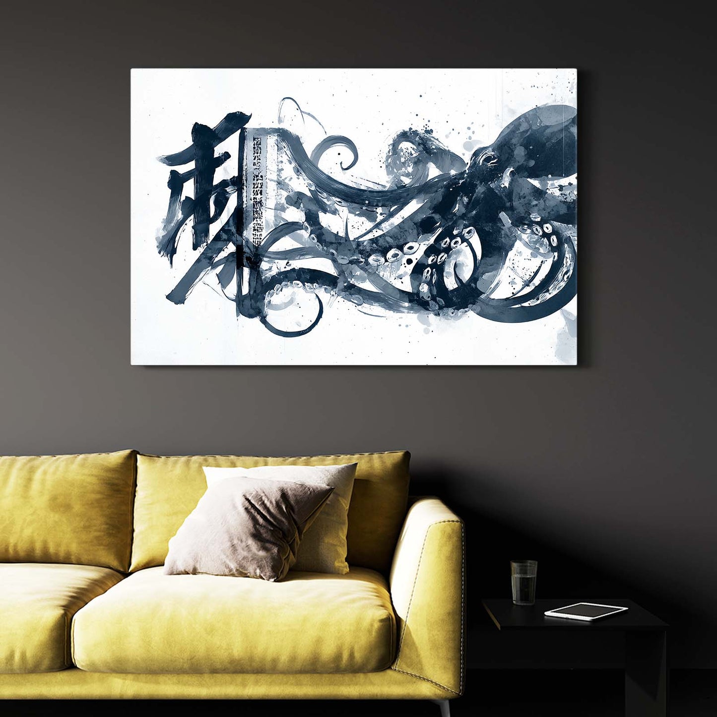 Calligraphy Ink Sweep Octopus Art – styled in a furnished interior