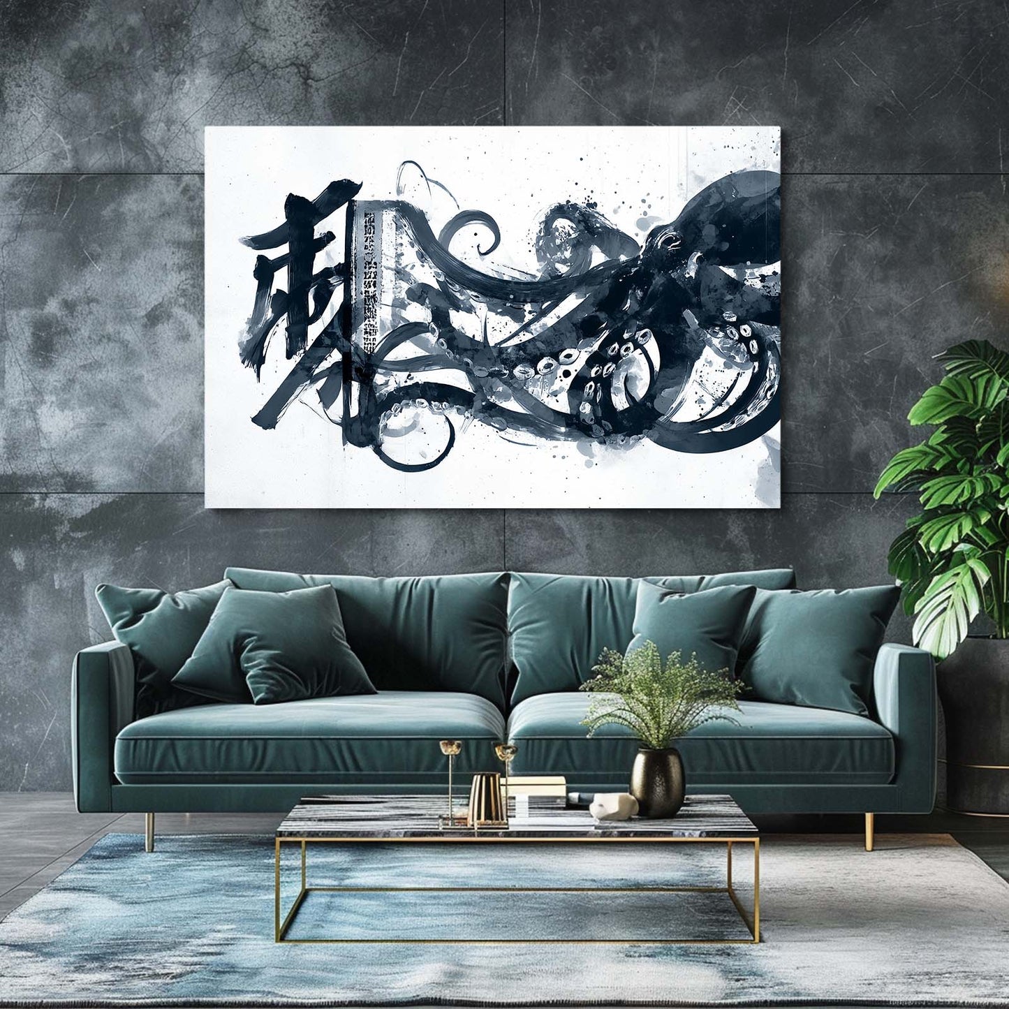 Calligraphy Ink Sweep Octopus Art – styled in a furnished interior