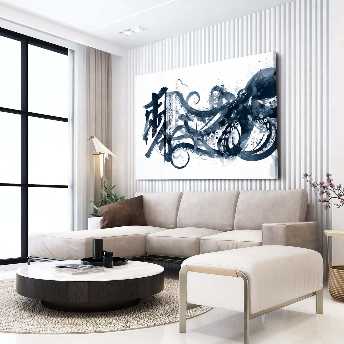 Calligraphy Ink Sweep Octopus Art – styled in a furnished interior