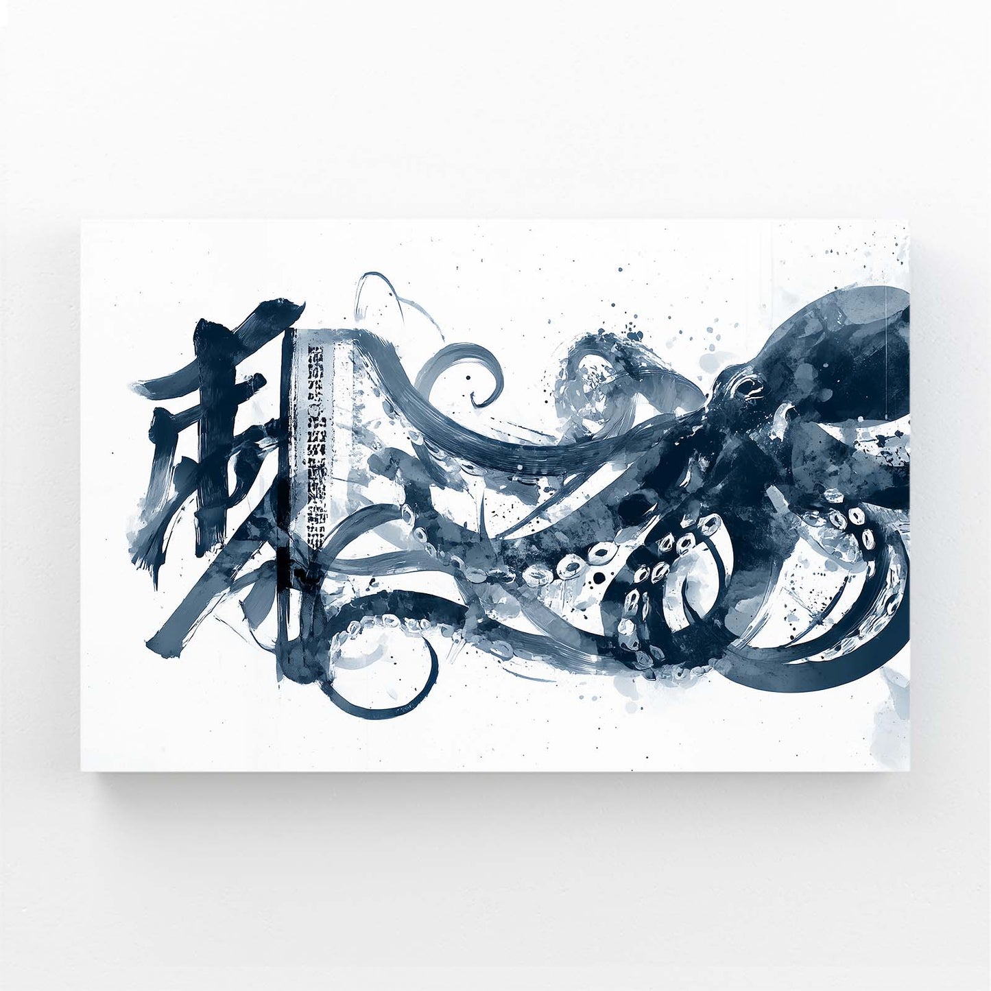 Calligraphy Ink Sweep Octopus Art – angled canvas view on white background