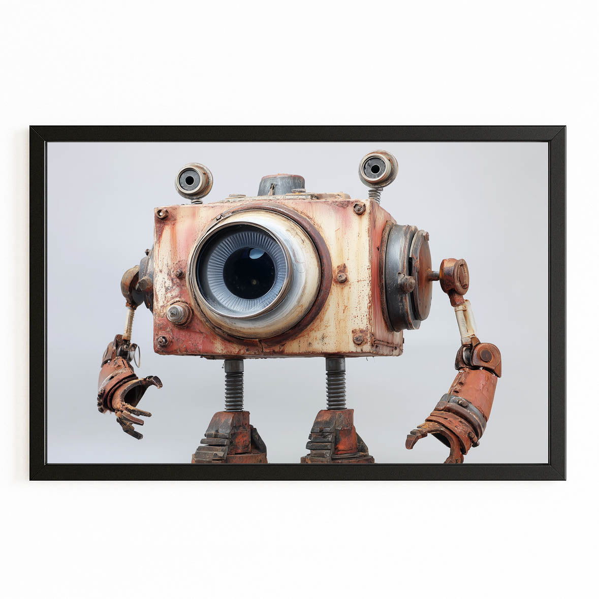Camera-Head Robot Steampunk Prints – with Premium Black frame on white background