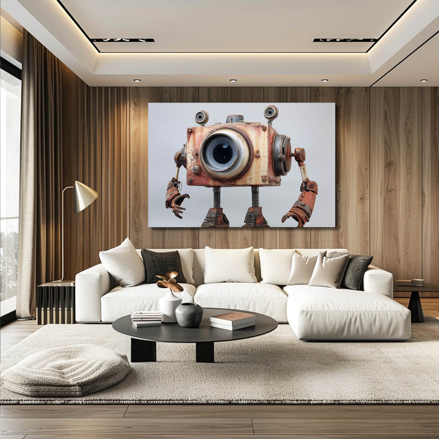 Camera-Head Robot Steampunk Prints – styled in a furnished interior