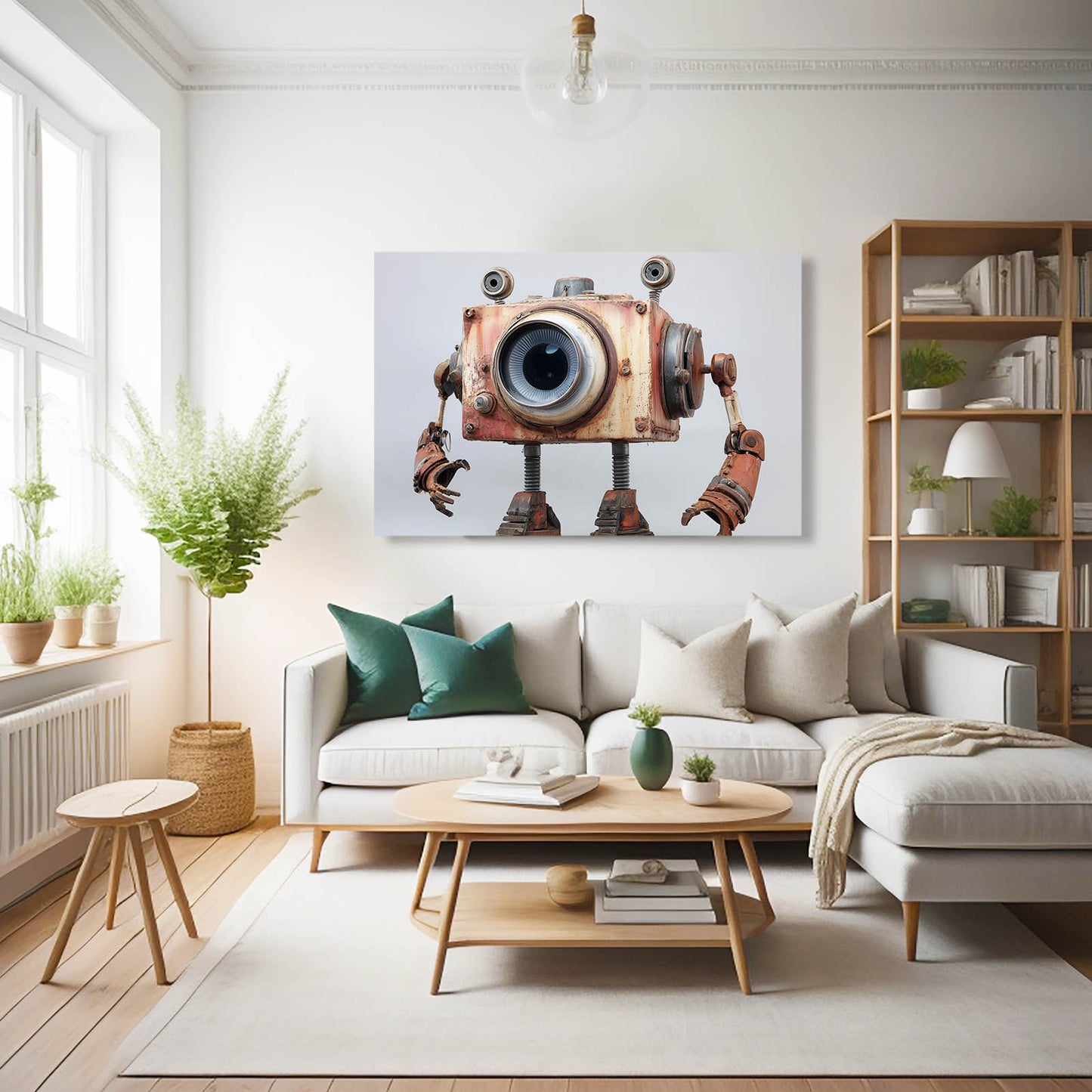 Camera-Head Robot Steampunk Prints – styled in a furnished interior