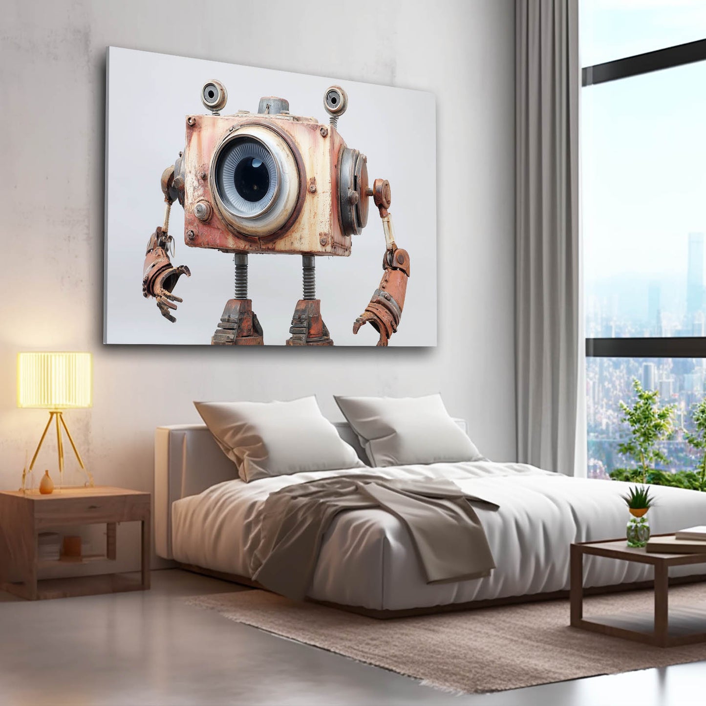 Camera-Head Robot Steampunk Prints – styled in a furnished interior