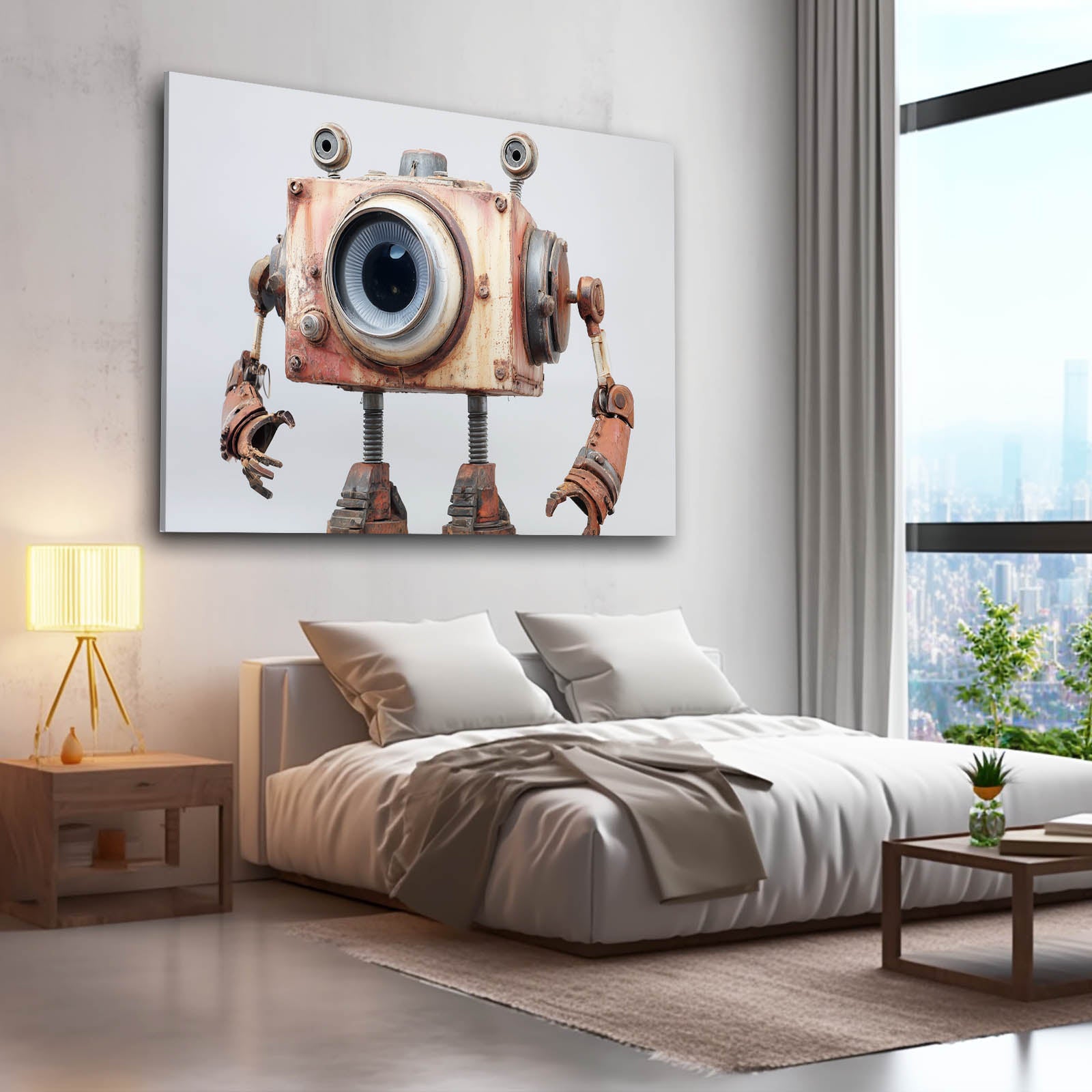 Camera-Head Robot Steampunk Prints – styled in a furnished interior