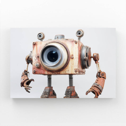 Camera-Head Robot Steampunk Prints – angled canvas view on white background