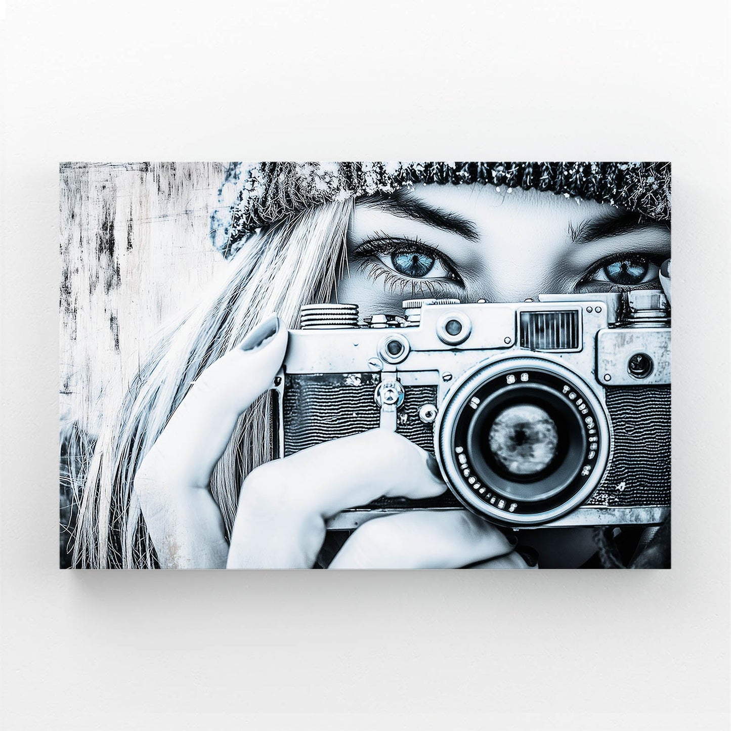 Camera Muse Photography Print – woman's gaze layered with a vintage camera, monochrome