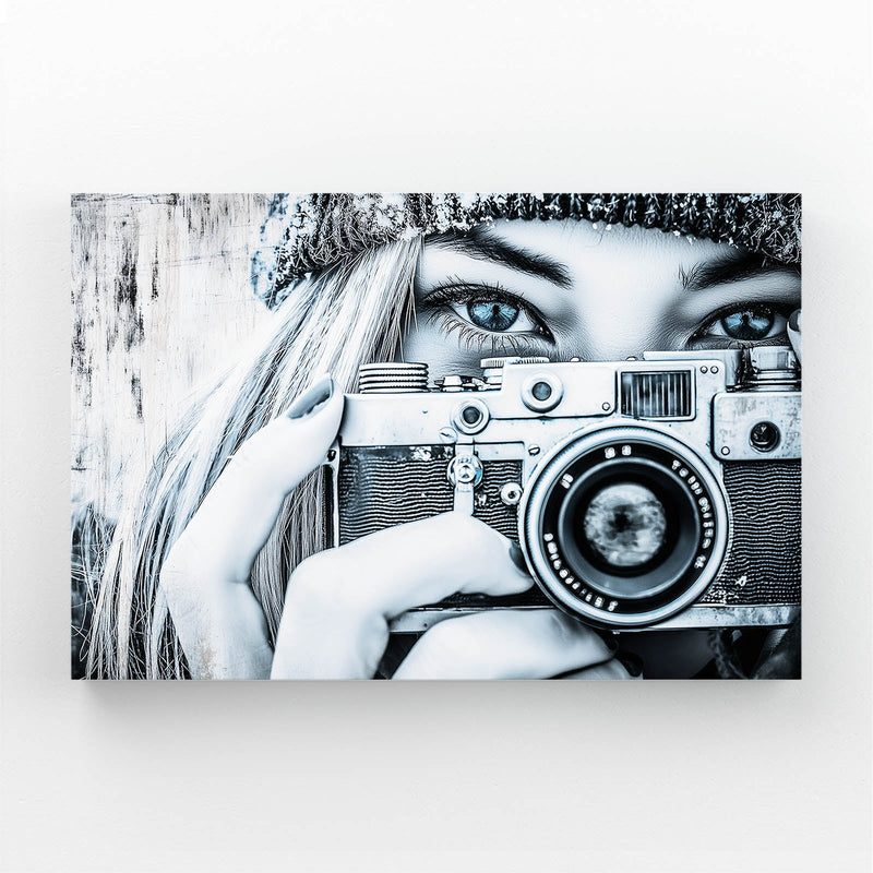 Camera Muse Photography Print – woman's gaze layered with a vintage camera, monochrome