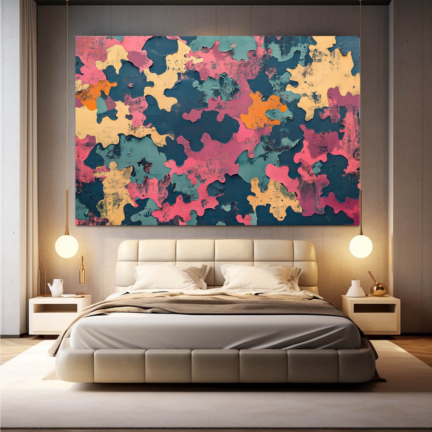 Camo Color Patches Cool Prints — abstract canvas print, styled in a furnished interior