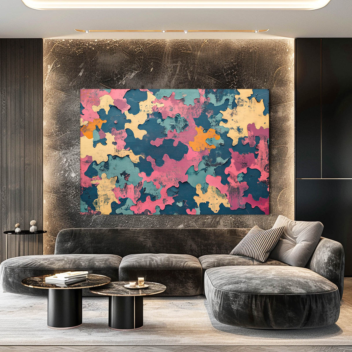 Camo Color Patches Cool Prints — abstract canvas print, styled in a furnished interior