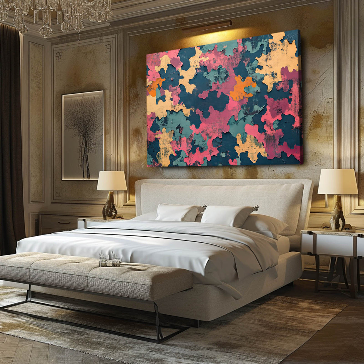 Camo Color Patches Cool Prints — abstract canvas print, styled in a furnished interior