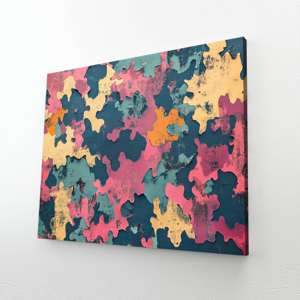 Camo Color Patches Cool Prints — abstract canvas print, angled canvas view on white background