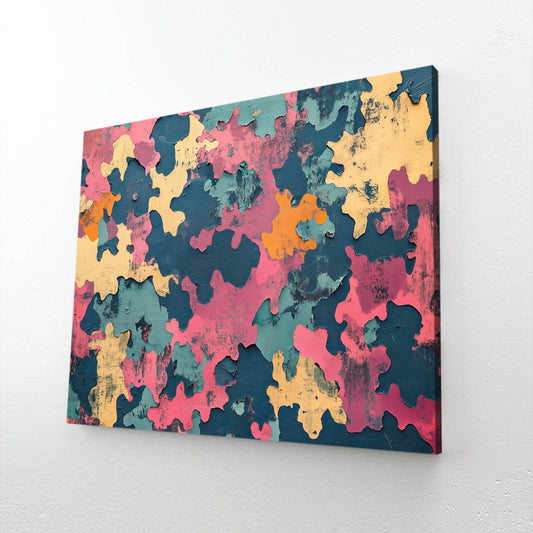 Camo Color Patches Cool Prints — abstract canvas print, angled canvas view on white background