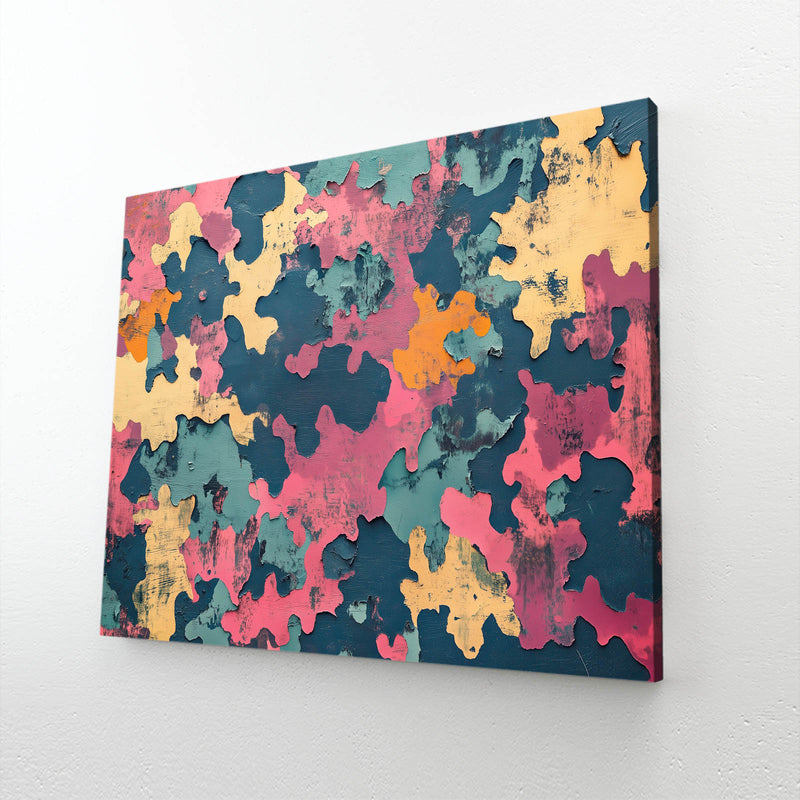 Camo Color Patches Cool Prints — abstract canvas print, angled canvas view on white background
