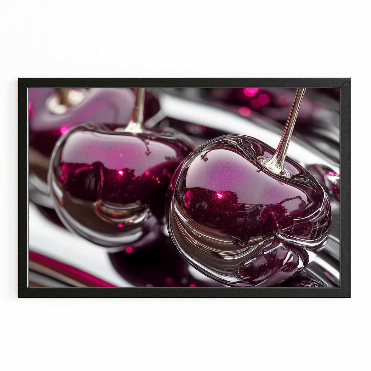 Candied Glossy Cherries Fruit Wall Decor – with Premium Black frame on white background