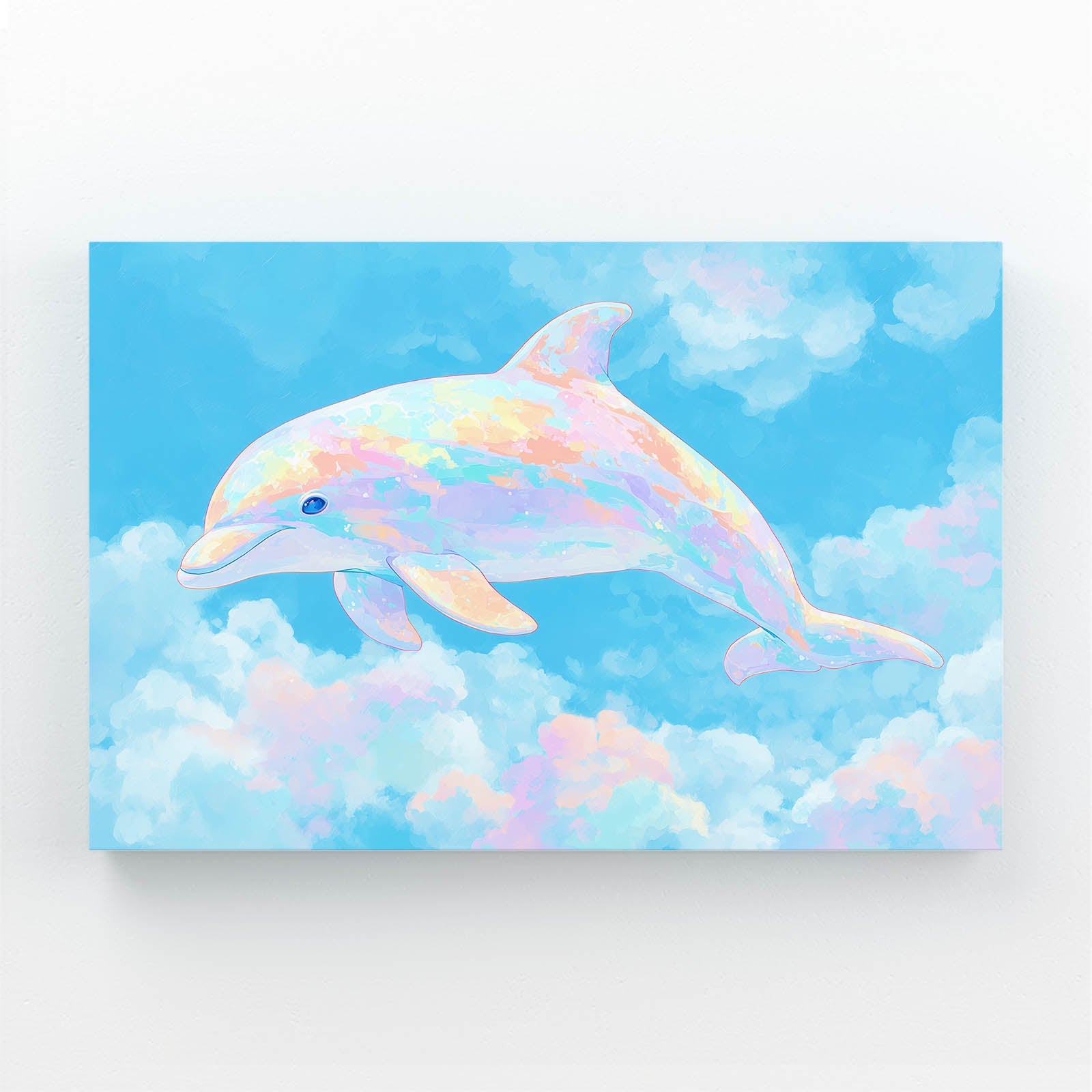 Candy Cloud Dolphin Canvas – opalescent pastel dolphin swimming through candy-colored clouds