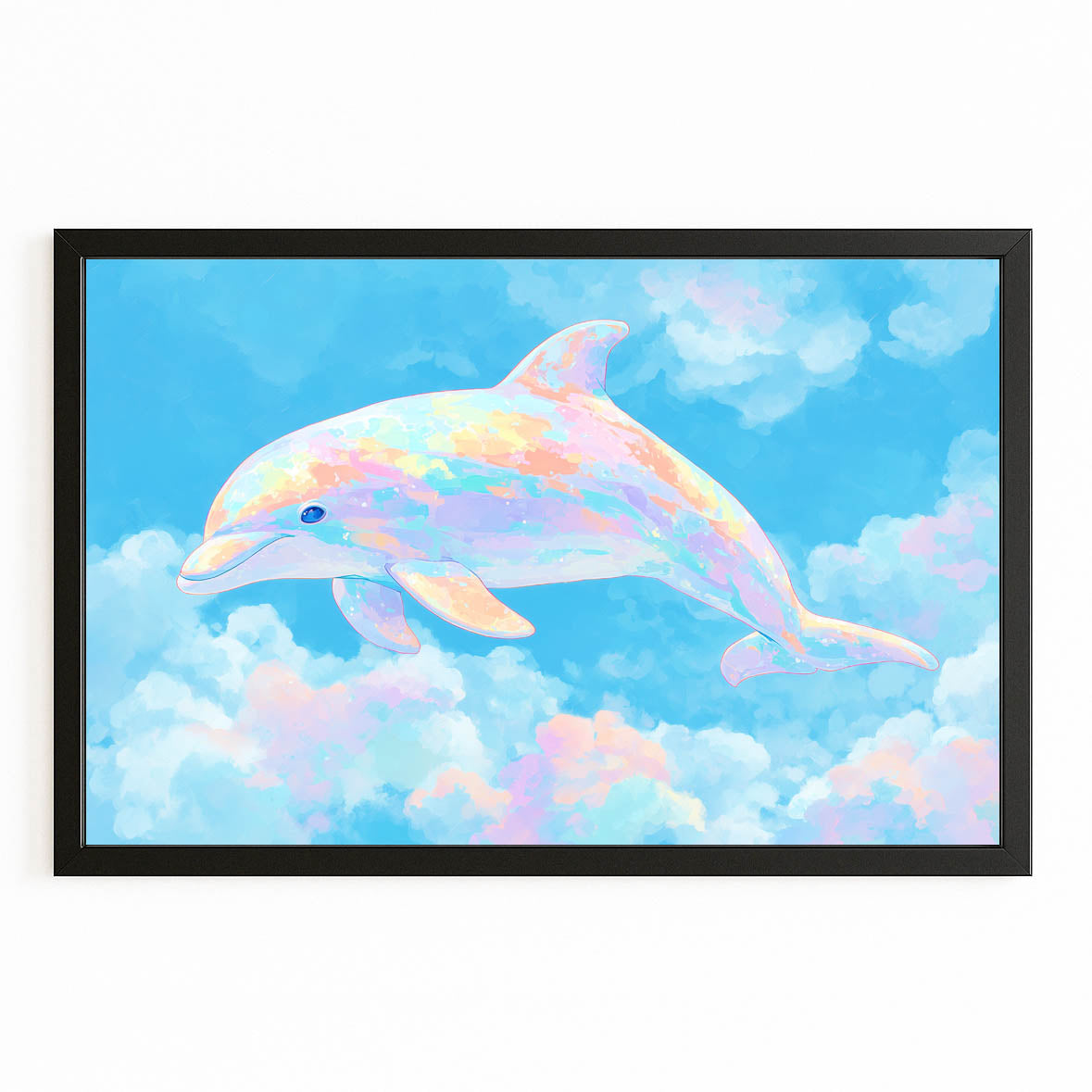 Candy Cloud Dolphin Canvas – with Premium Black wood frame on white background