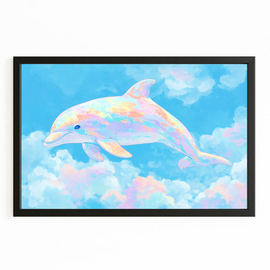 Candy Cloud Dolphin Canvas – with Premium Black wood frame on white background